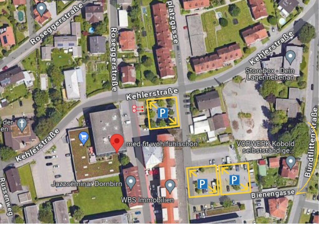 Anfahrtsweg zu med fit in [Standort], mit markierten Parkmöglichkeiten und nahegelegenen Straßen für eine einfache Orientierung.